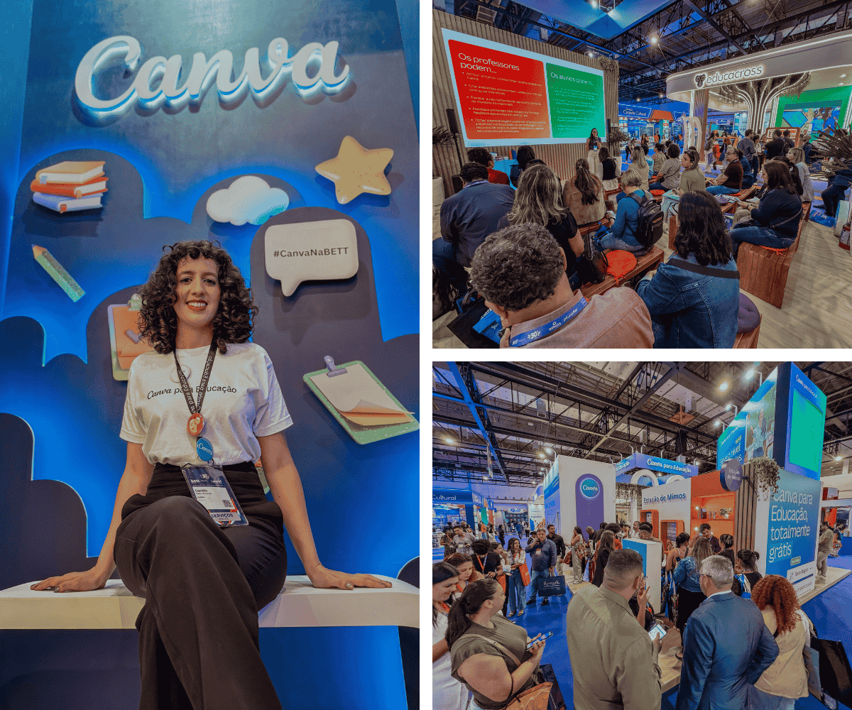 Público acompanhando palestras e interações no estande do Canva na Bett Brasil 2025, com cenografia educativa e alta participação de visitantes.