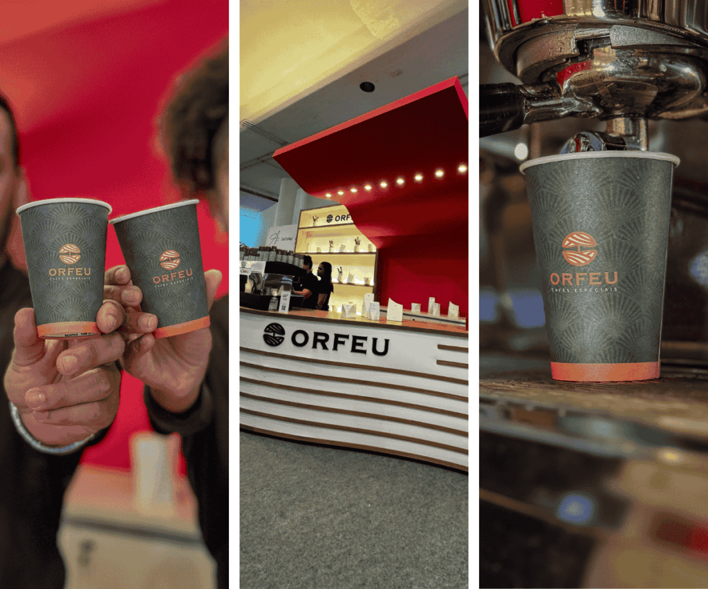 #3 - Estandes para Orfeu Conectando curvas e identidade com a Inspiração de Niemeyer Estande Orfeu Cafés com preparo de cafés, destaque para produtos e experiência sensorial da marca.