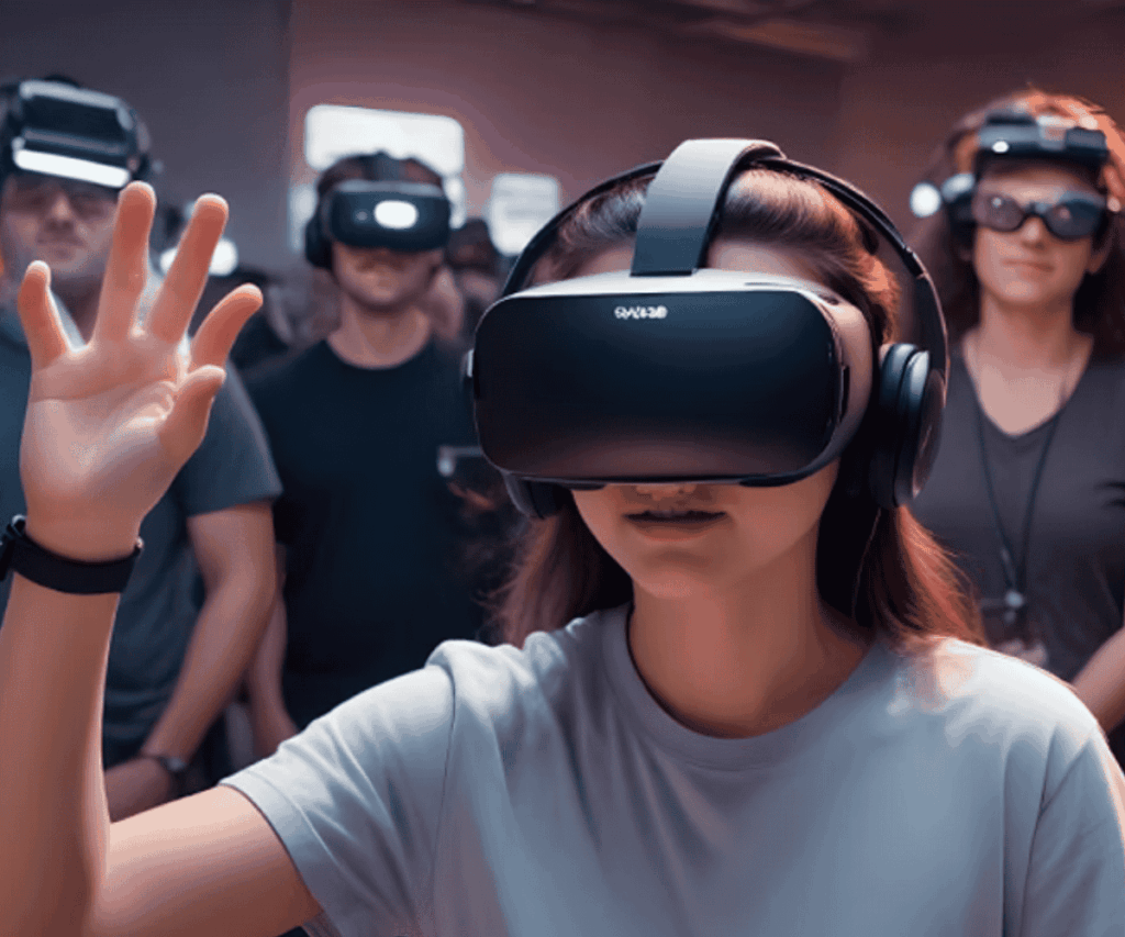 Fotos para artigos antigos (14) Inovações Tecnológicas em Eventos representadas por participantes utilizando óculos de realidade virtual em experiência imersiva.