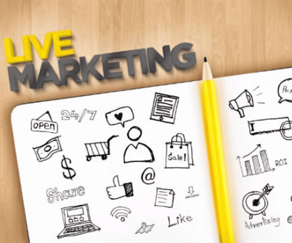 Ilustração com ícones de comunicação, vendas e engajamento representando estratégias de live marketing focadas em experiências, interação e conexão entre marcas e pessoas.